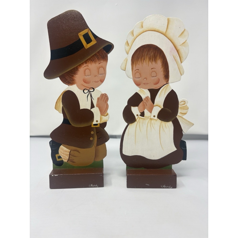 Vintage 80's Hand Painted Praying Children Wooden Decor Pilgrim Thanksgiving